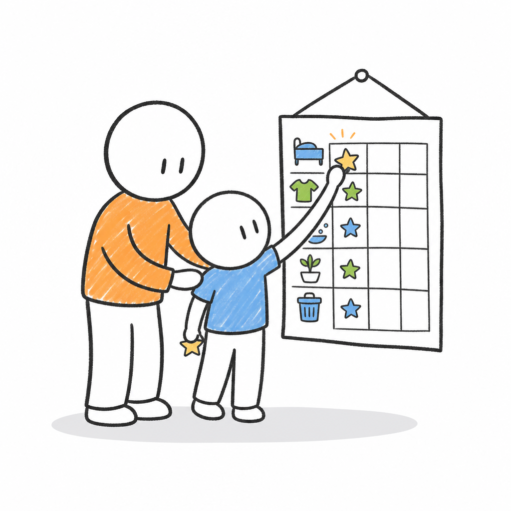 Doodle of a parent and child completing a chore chart together