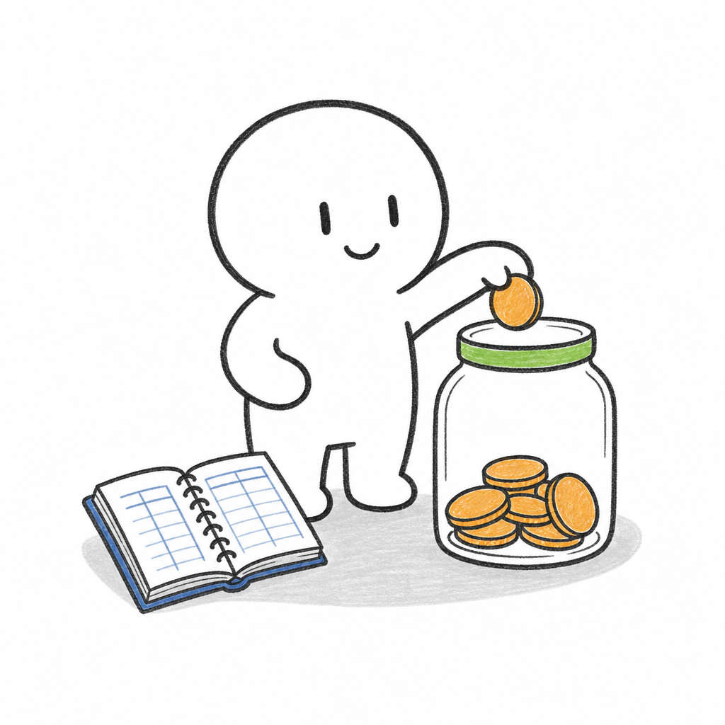 Doodle of a child adding a coin to a savings jar beside a ledger