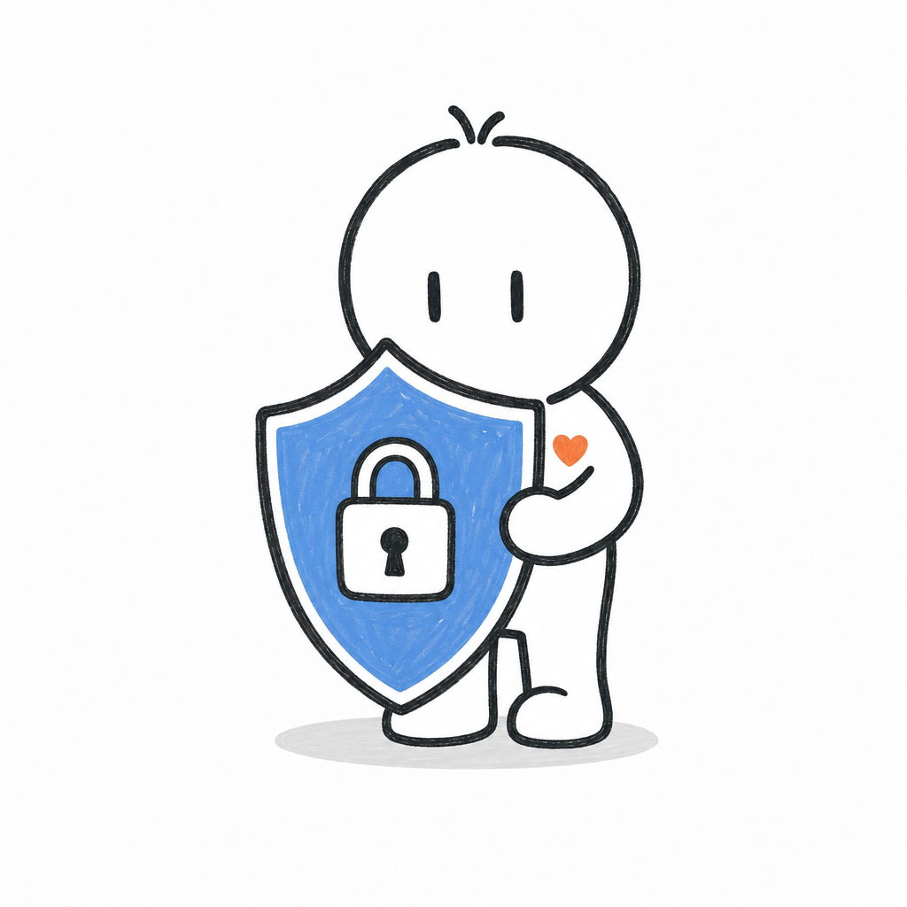 Doodle of a child protecting a padlocked shield
