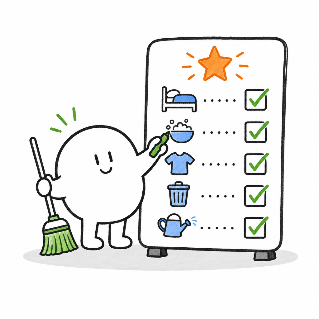 Doodle of a child completing a chore checklist with a broom